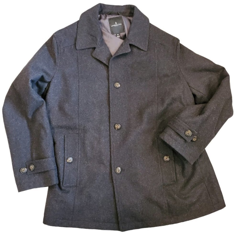 London Fog Womens XL Navy Blue Gray Wool Blend Peacoat Button Up
